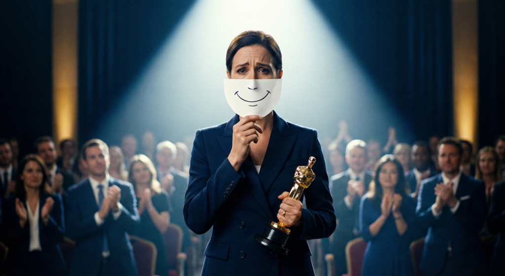 Zaraz się wyda, że nic nie umiem Kobieta w stroju biznesowym na scenie trzyma statuetkę i maskę z uśmiechem, ukrywając lęk – metafora syndromu oszusta u osób odnoszących sukcesy.