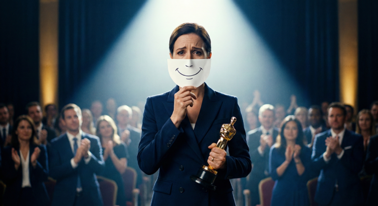Kobieta w stroju biznesowym na scenie trzyma statuetkę i maskę z uśmiechem, ukrywając lęk – metafora syndromu oszusta u osób odnoszących sukcesy.