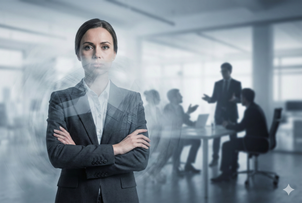 Zdecydowana kobieta w stroju biznesowym ze splecionymi rękami na tle pracującego zespołu – ilustracja do artykułu o bezpieczeństwie psychologicznym i odwadze w pracy