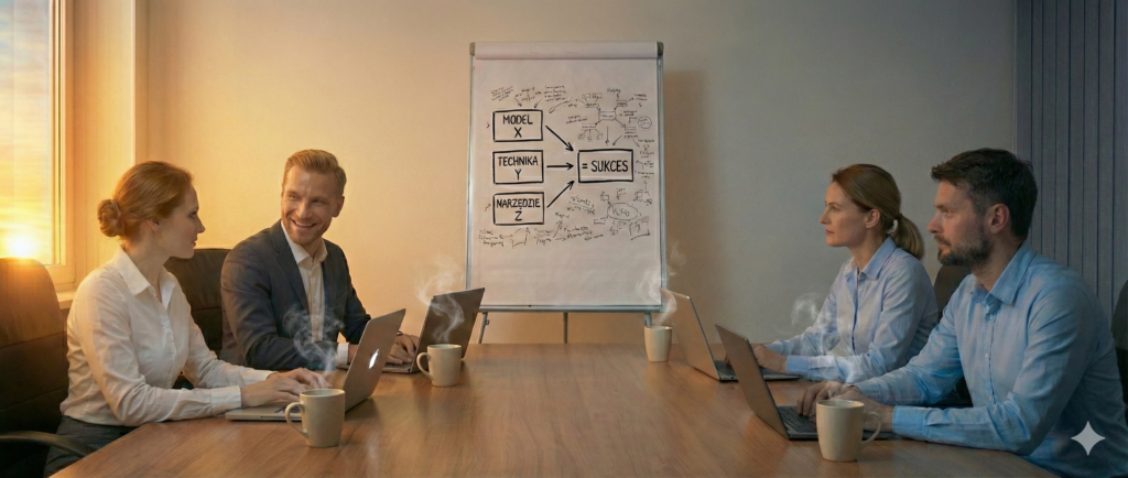 Zespół podczas spotkania w biurze analizuje na flipcharcie banalnie uproszczony "model sukcesu". Zdjęcie ilustruje artykuł o efekcie Dunninga-Krugera i złudnej pewności siebie w biznesie