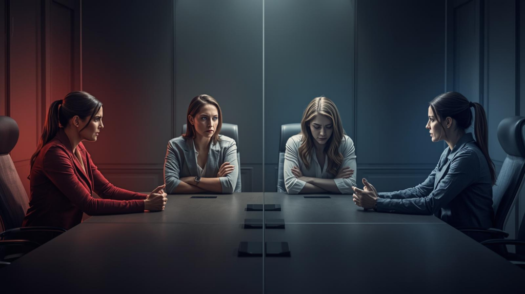 infografika przedstawiająca macierz 4 stylów komunikacji w zespole na podstawie relacji do siebie i innych (Jestem OK / Nie jestem OK). Podzielona na cztery kwadranty: styl Asertywny (współpraca), styl Agresywny (dominacja), styl Uległy (ucieczka) oraz styl Pasywno-agresywny (sabotaż)