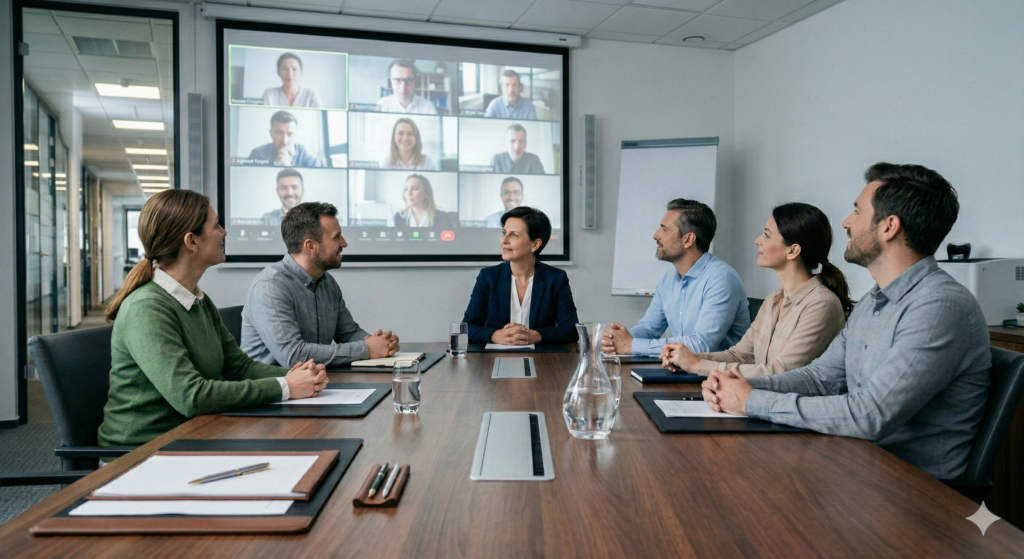 Zespół hybrydowy w nowoczesnej sali konferencyjnej siedzący przy drewnianym stole i patrzący na rzutnik z widokiem uczestników zdalnych. W centrum liderka Agnieszka w granatowej marynarce