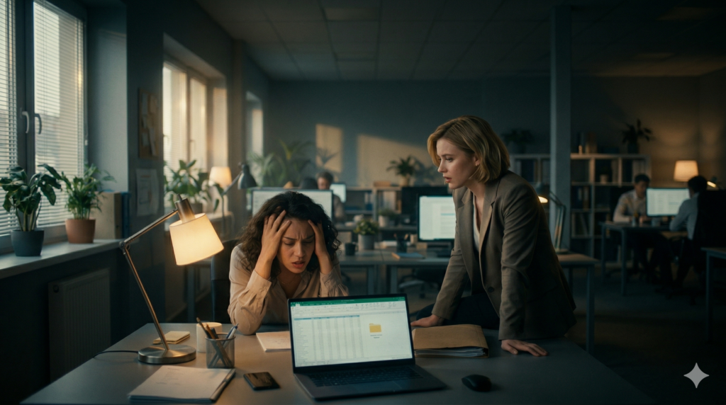 Sfrustrowana i wyczerpana kobieta-analityczka przy biurku trzyma głowę w dłoniach, patrząc na laptop. Nad nią stoi zaniepokojona koleżanka w profesjonalnym ubiorze, pochylająca się i gotowa do rozmowy, co ilustruje moment przed wystąpieniem barier komunikacyjnych 'Parszywa Dwunastka', opisanych w artykule dr Thomasa Gordona. Tło: nowoczesne, ruchliwe biuro.