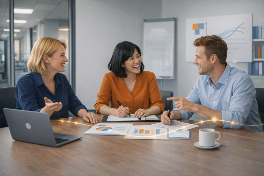 Trzy osoby (dwie kobiety i mężczyzna) siedzą przy drewnianym stole w jasnym biurze, rozmawiając i śmiejąc się. Na stole leżą otwarty laptop, dokumenty z wykresami i filiżanka kawy. Pomiędzy ludźmi i dokumentami widoczne są świetliste linie i punkty, symbolizujące dynamiczny i bezpośredni przepływ informacji oraz połączenie. W tle widać przeszklone ściany biura i tablicę z wykresami.